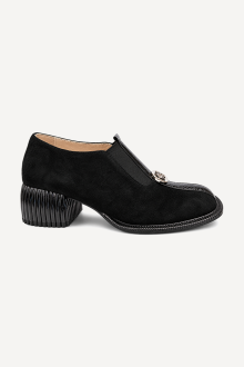 Pantofi din piele întoarsă și piele lăcuită cu toc mediu MGZ-90-307-negru