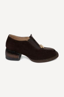 Pantofi din piele întoarsă și piele lăcuită cu toc mediu MGZ-90-307-maro