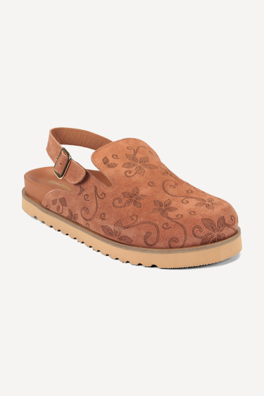 Sandale din piele întoarsă cu motive florale ART-45-110-maro-deschis