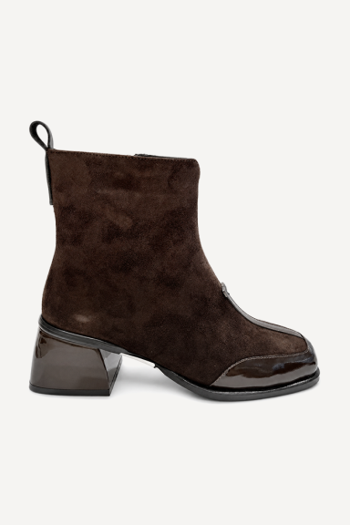 Botine cu toc mediu din piele întoarsă și piele lăcuită MGZ-378-5417-maro