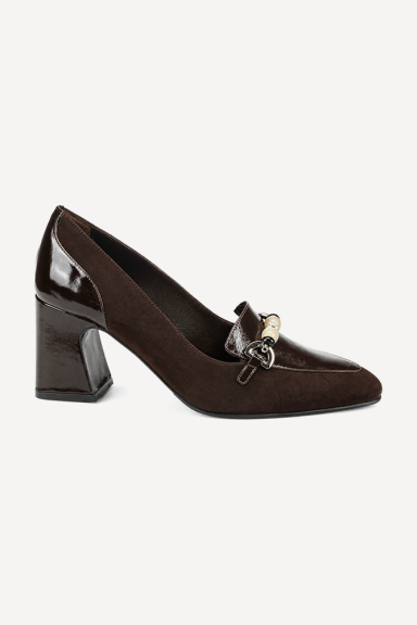 Pantofi cu toc mediu din piele întoarsă și piele lăcuită MGZ-379-1212-maro