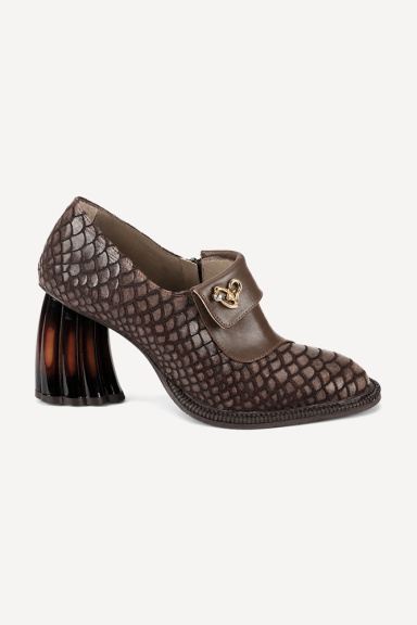 Pantofi din piele cu toc înalt și imprimeu de șarpe MGZ-90-317-maro
