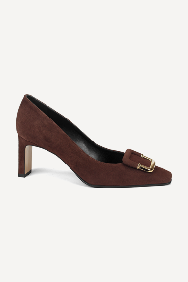 Pantofi cu toc mediu din piele întoarsă SY-27717-maro
