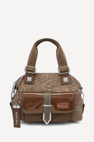 Geantă din piele ecologică și piele lăcuită cu imprimeu croco KB-27387-camel