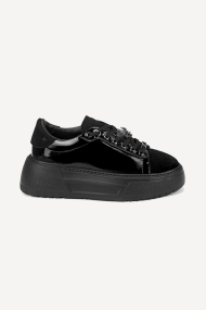 Pantofi sport din piele naturală și piele lăcuită NSR-6434-negru
