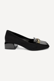 Pantofi cu toc jos din piele întoarsă și piele lăcuită MGZ-366-4113-negru