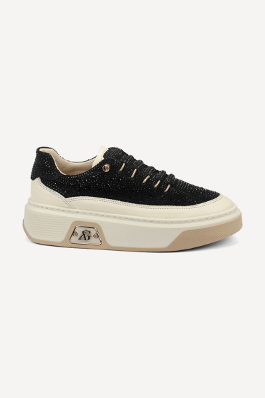 Pantofi sport de piele cu pietre aplicate ARG-25518-negru
