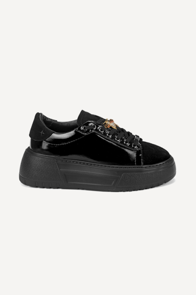 Pantofi sport din piele naturală și piele lăcuită NSR-6434-negru