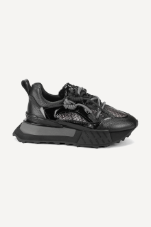 Pantofi sport din piele naturală și piele lăcuită NSR-9062-negru